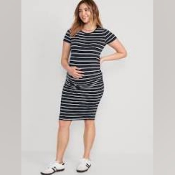 Maternity Jersey-Knit Bodycon Dress (Blue and White Stripe) - Picture 1 of 4